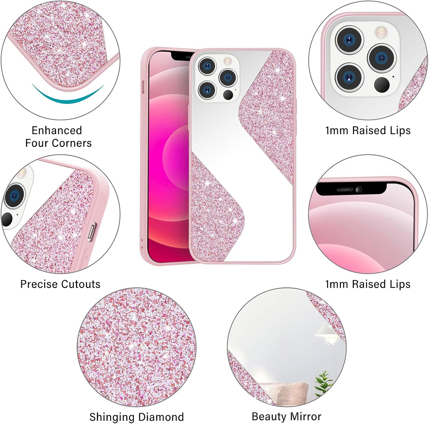 PhoneBits Luxury Bling Shining Diamond Case for iPhone with Beauty Mirror and Camera Lens Protection, Soft Silicone Shockproof iPhone Daimond Bling Case, Ultra Protective Mobile Phone Case Compatible with iPhone, Back iPhone Case Cover