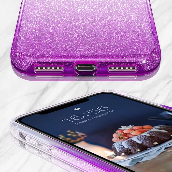 PhoneBits Luxury Two Tone Ombre Sparkle Glitter Shiny Case for iPhone with Logo Hole & Chromed Camera Edge, Soft Silicone Shockproof iPhone Bling Case Compatible with iPhone, Ultra Protective Mobile Phone Case, Back iPhone Case Cover