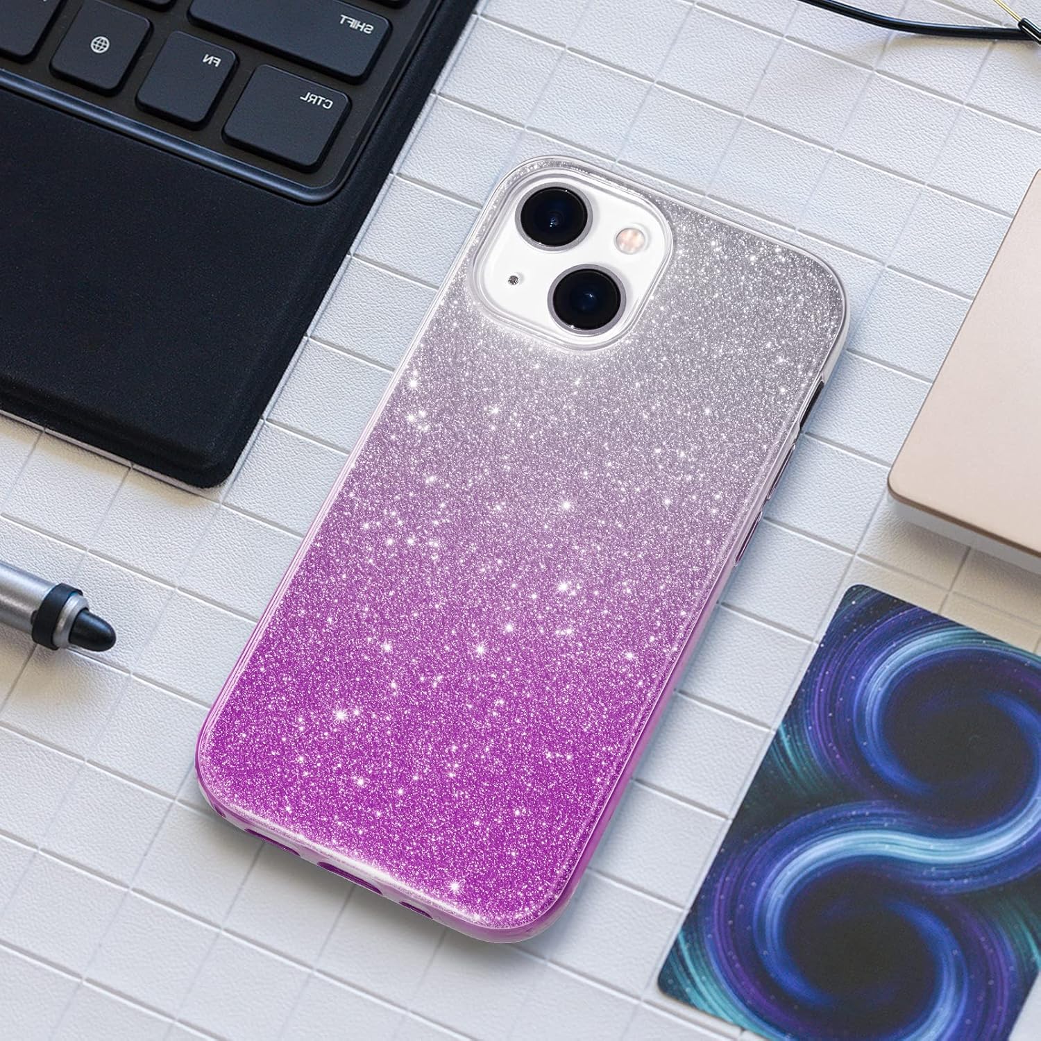 PhoneBits Luxury Two Tone Ombre Sparkle Glitter Shiny Case for iPhone with Chromed Camera Edge, Soft Silicone Shockproof iPhone Bling Case, Ultra Protective Mobile Phone Case Compatible with iPhone, Back iPhone Case Cover