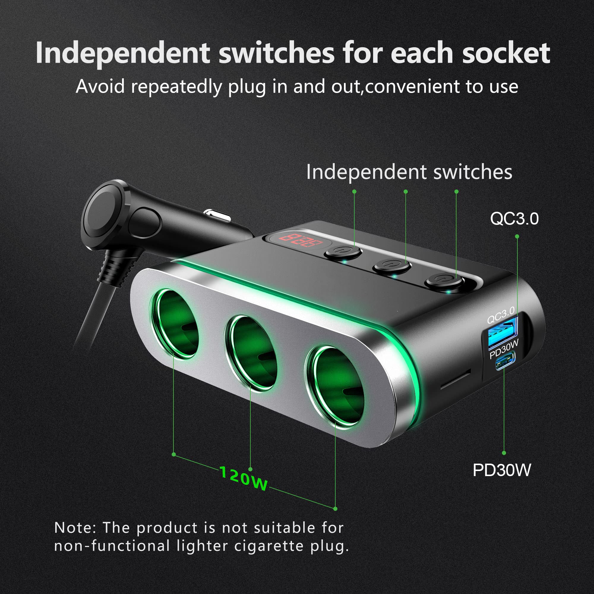 PhoneBits neuestes Autoladegerät mit 3 Zigarettenanzünderbuchsen, zwei USB-A-Schnellladeanschlüssen, An-/Aus-Schaltern, LED-Anzeige und Spannungsanzeige 