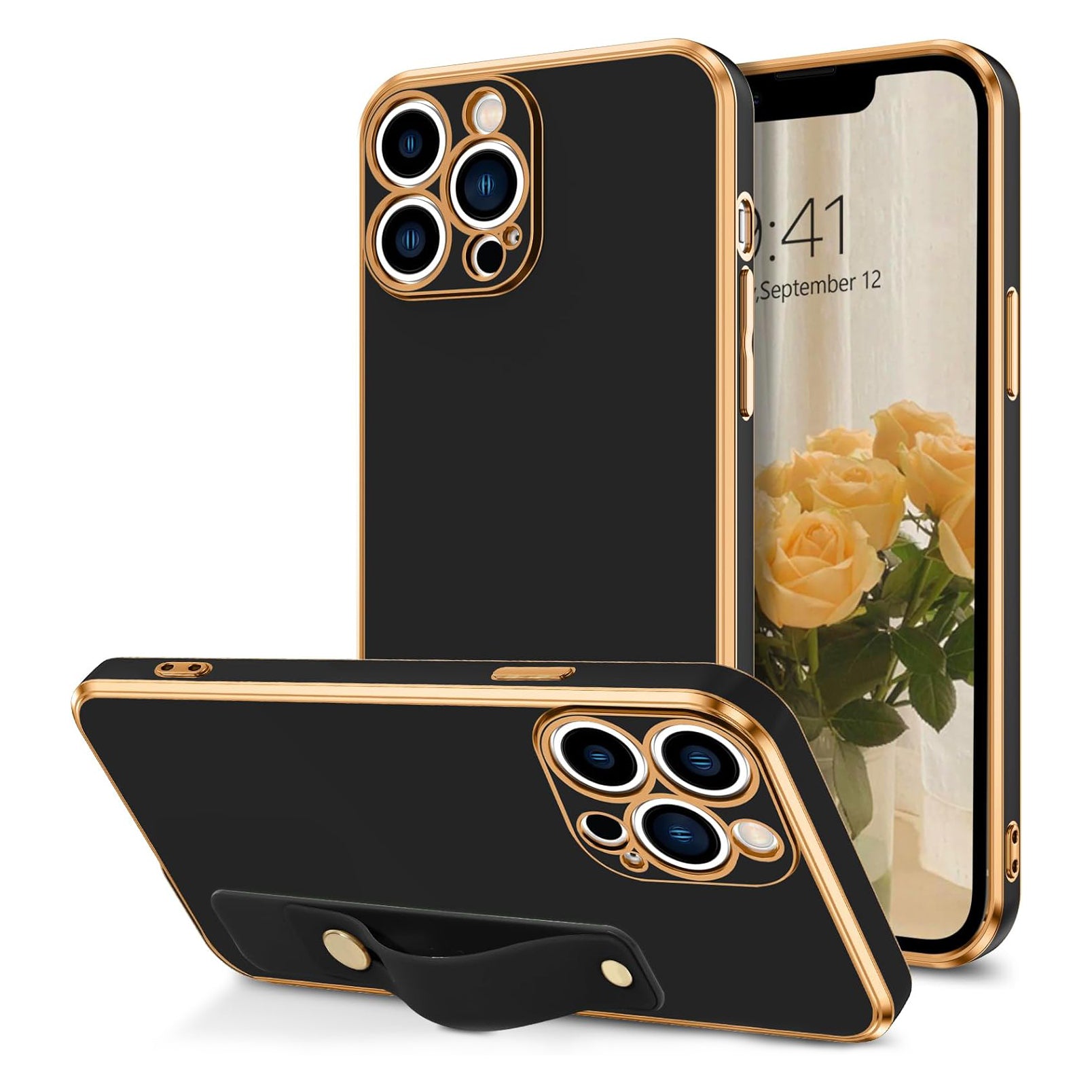 PhoneBits Luxury Soft Silicone Magnetic iPhone Case with Holder & Camera Lens Protection, Protective Shockproof iPhone Case with Wristband Stand Compatible with Wireless Charging, Magnetic Mobile Phone Holder Case, Back Phone Case Cover