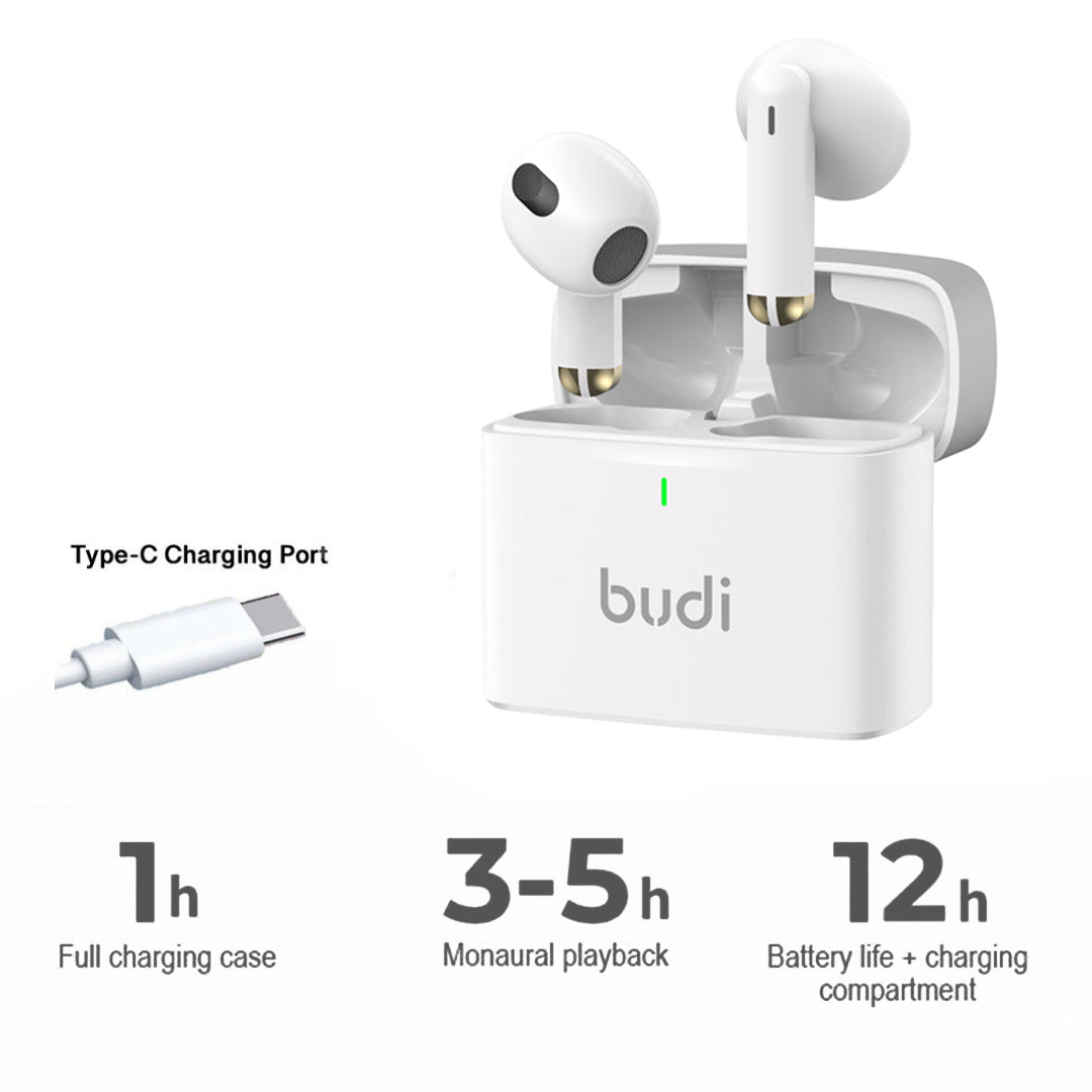 Budi True Wireless Bluetooth Earbuds - Heavy Bass Stereo In-Ear Earbuds with Mic, Noise-Cancelling Headphones, Premium Wireless Earphones for Music & Calls