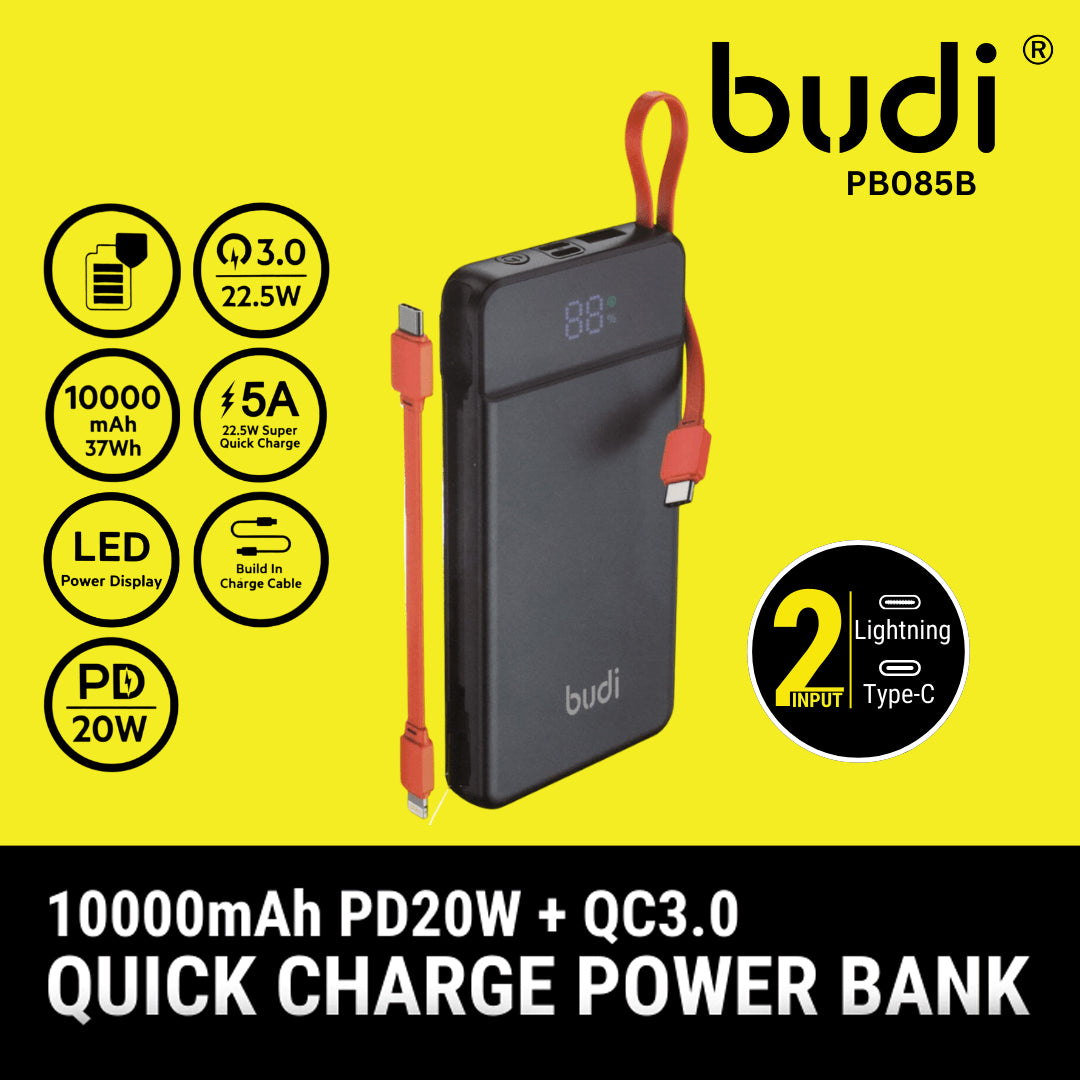 Budi Portable Power Bank 10000mAh, Portable Charger Power Bank with Built In PD Type C Cable & 3 USB Ports (Type C, USB A, Lightning), Fast Charging Power Bank with LED Power Indicator, Power Switch & PD Type C to Lightning Cable for iPhone/ Smartphones