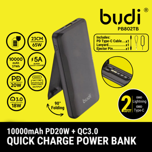 Budi Tragbare Powerbank 10000 mAh, tragbare Lade-Powerbank mit 3 USB-Anschlüssen (Lightning, Typ C, USB A) und PD-Typ-C-Kabel, PD-Schnelllade-Powerbank mit faltbarer Multifunktionsbox, Ständer, Schlüssel und LED-Ladeanzeige für iPhone/Smartphone