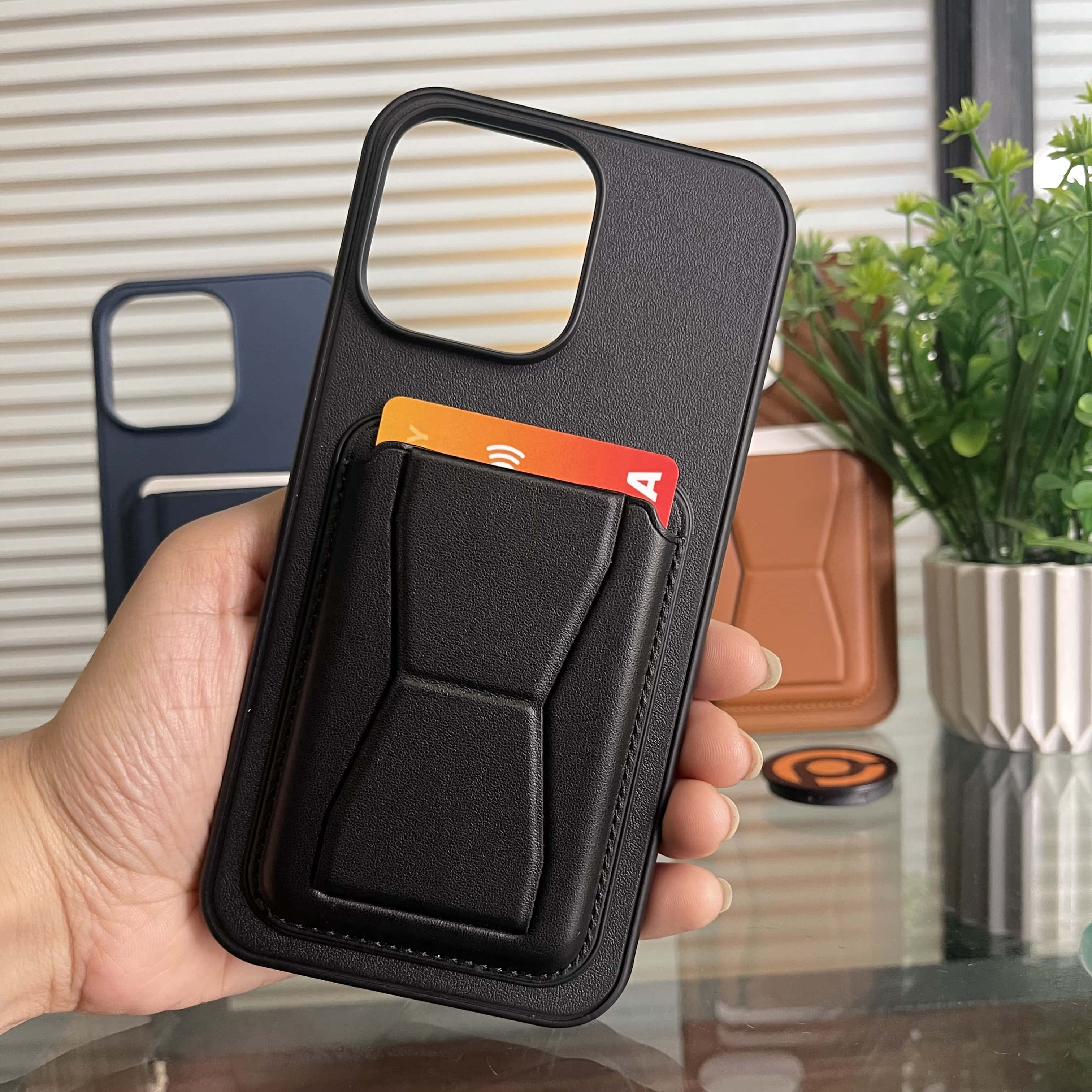 PhoneBits Leather & Silicone Wallet Case with Card Holder and Fold-out Stand for iPhone, Compatible with iPhone, Protective Shockproof iPhone Case, Magnetic Car Mount Mobile Phone Back Case Cover