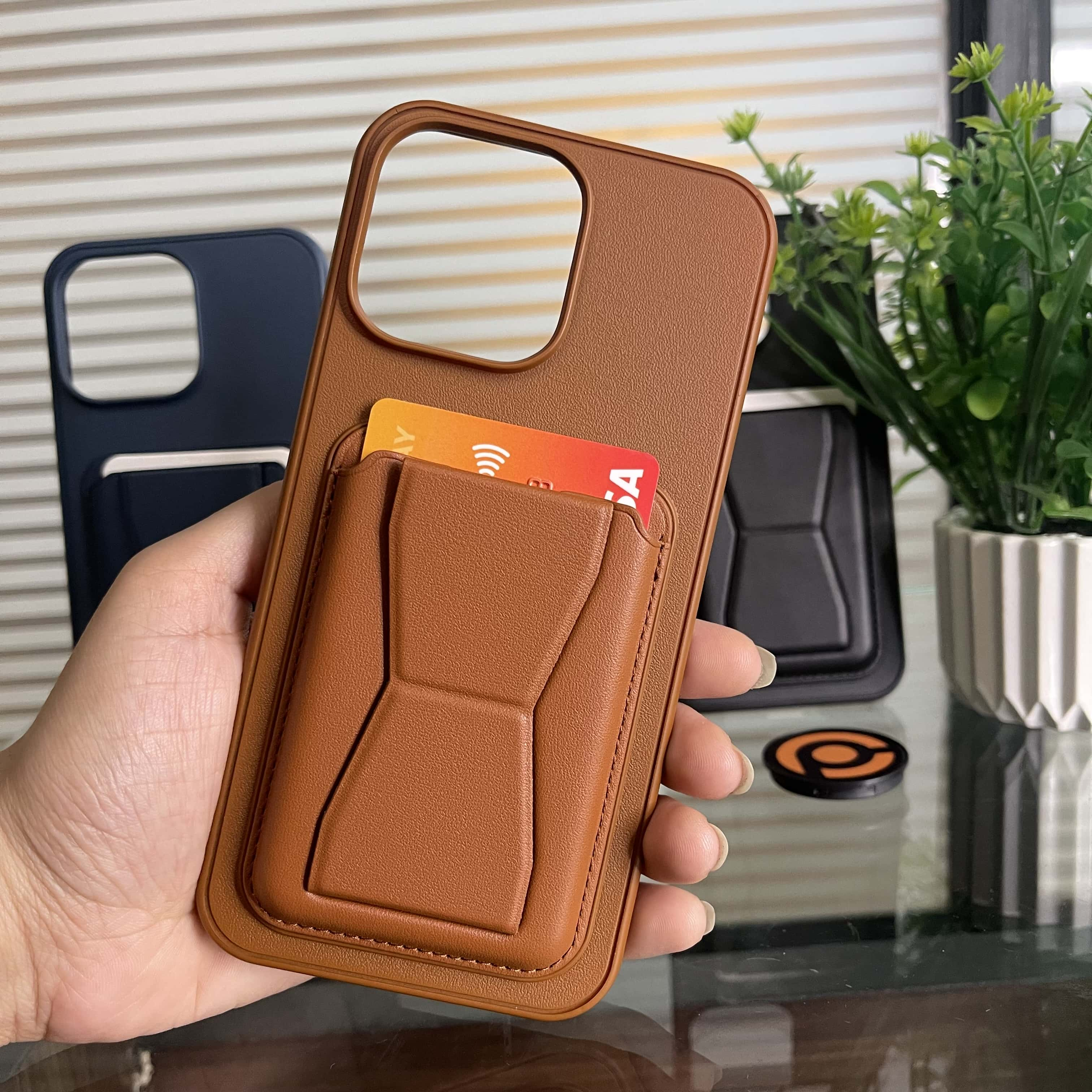 PhoneBits Leather & Silicone Wallet Case with Card Holder and Fold-out Stand for iPhone, Compatible with iPhone, Protective Shockproof iPhone Case, Magnetic Car Mount Mobile Phone Back Case Cover