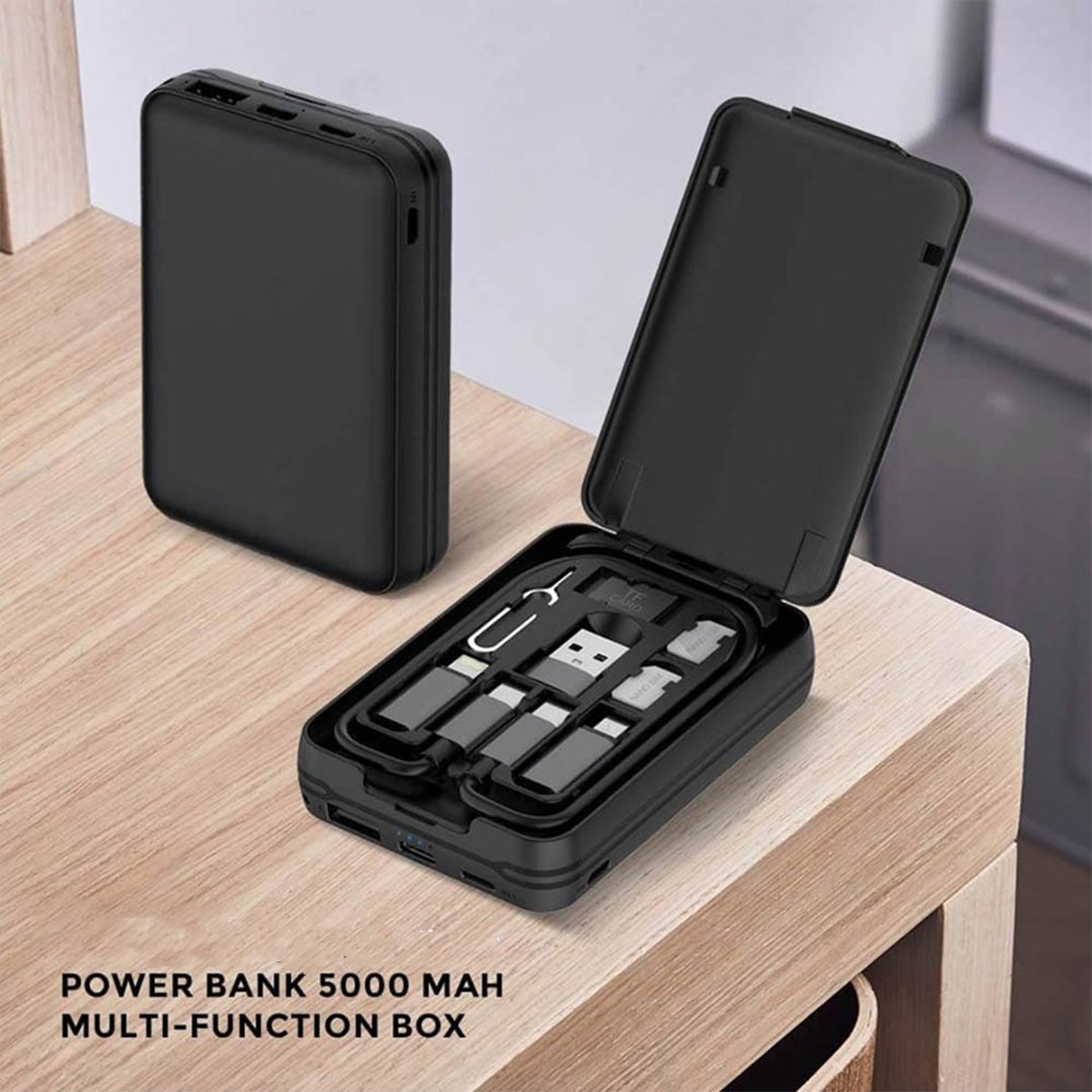 Budi Tragbare Powerbank 5000 mAh, tragbare Lade-Powerbank mit faltbarer Multifunktionsbox, Schnelllade-Powerbank mit 3 Anschlüssen (Lightning, Typ C, Micro USB) für iPhone/Smartphone