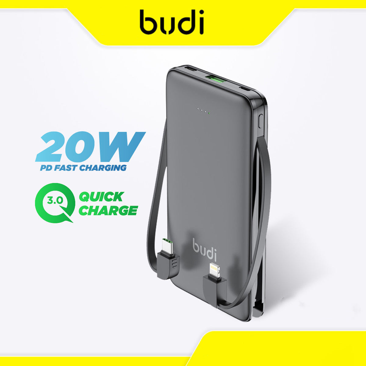 Budi Portable Power Bank 10000mAh, Portable Charger Power Bank with 3 USB Ports (Type-C, Micro, Lightning) & Built-In Dual Cables Lightning & Type-C, PD Fast Charging USB Power Bank with LED Power Indicator for iPhone/ Smartphone/Laptop