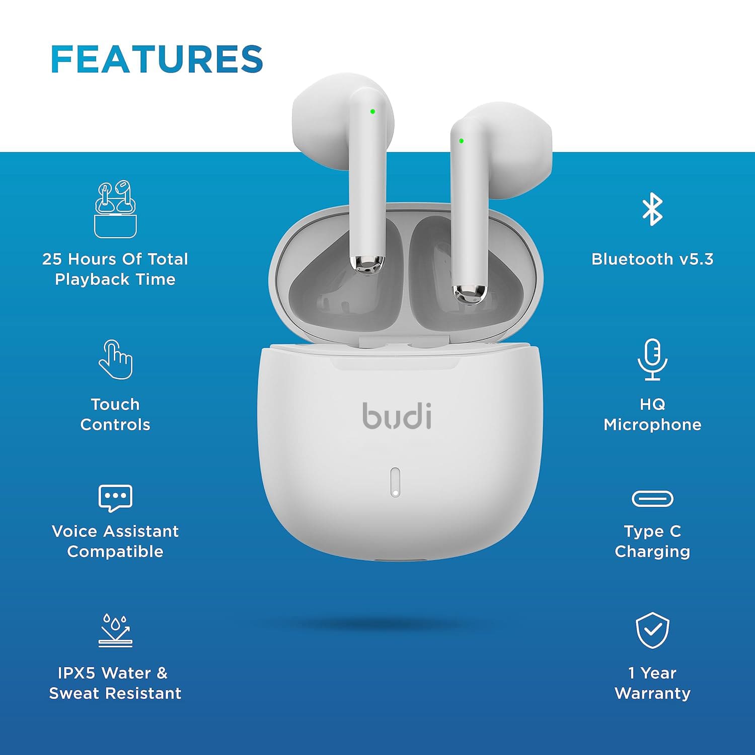 Budi TWS echte draadloze stereo-oordopjes, Bluetooth-oortelefoons, echte draadloze waterbestendige oordopjes