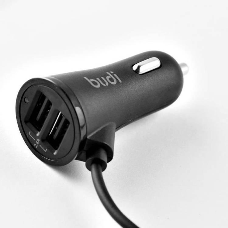 Budi USB Car Charger, Dual USB-A Ports In Car Charger Socket with Built-In 3 In 1 Coiled Cable Lightning/USB-C/Micro USB, Fast Charging Car Phone Charger with LED Indicator, Power Cable Car Charger Adapter for Cigarette Lighter Socket