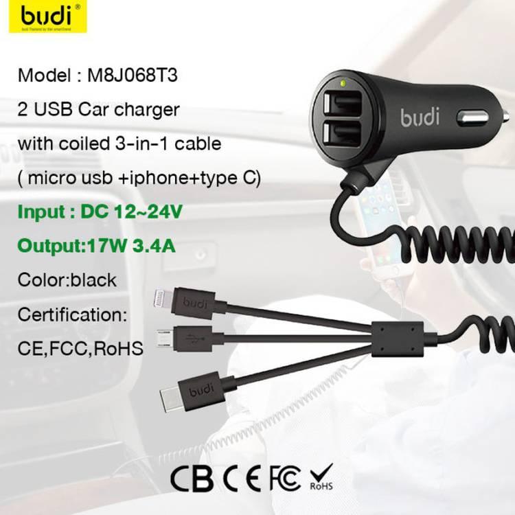 Budi USB Car Charger, Dual USB-A Ports In Car Charger Socket with Built-In 3 In 1 Coiled Cable Lightning/USB-C/Micro USB, Fast Charging Car Phone Charger with LED Indicator, Power Cable Car Charger Adapter for Cigarette Lighter Socket