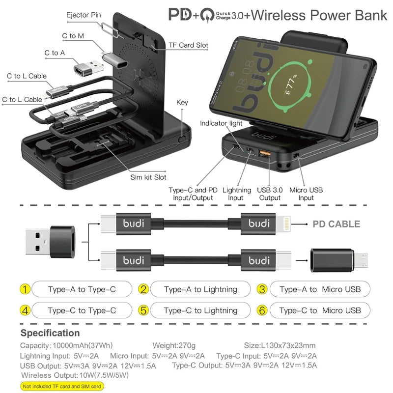 Budi Portable Power Bank 10000mAh, Portable Charger MagSafe Power Bank, Dual USB/ Wireless Power Bank with Multi Functional Box & Flash Light, PD Fast Charging Magnetic Power Bank for iPhone/ Smartphone