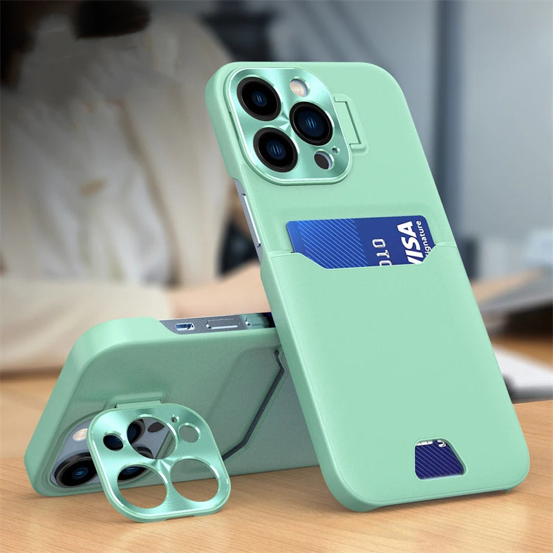 Luxus Leder Kartenhalter Slot Unsichtbare Halterung Ständer Handyhülle für iPhones Mini Metalllinse schützend, Dunkelblau - Schwarz