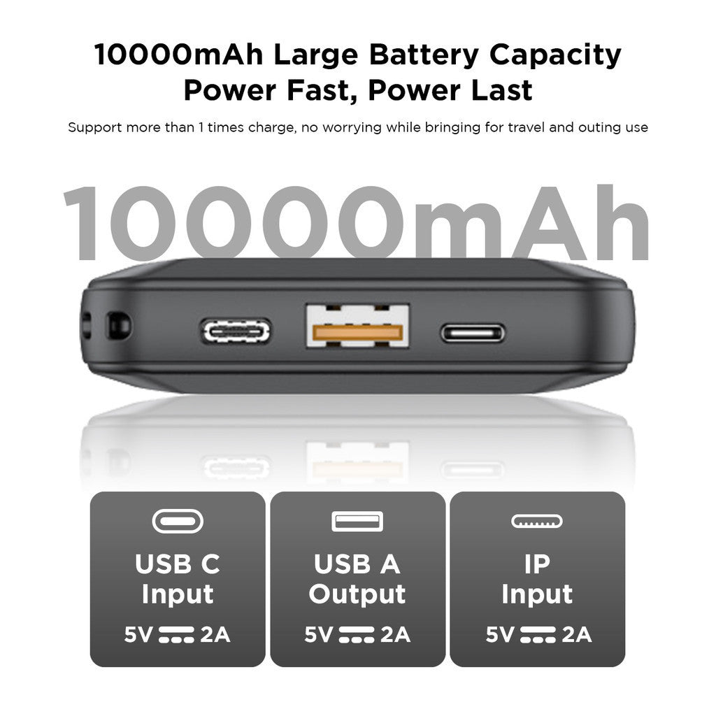 Budi draagbare powerbank 10000mAh, draagbare oplader powerbank met 3 USB-poorten (Type-C, Micro, Lightning), snel opladende USB-powerbank met sleutel en LED-stroomindicator voor iPhone/smartphone