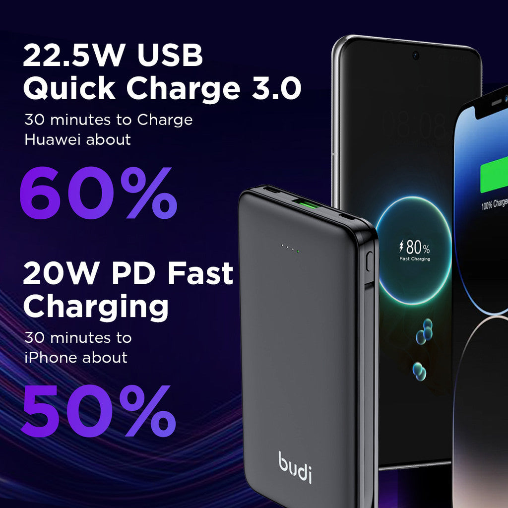 Budi draagbare powerbank 10000mAh, draagbare oplader powerbank met ingebouwde dubbele kabels Lightning/Type-C &amp; 3 USB-poorten (Type-C, Micro, Lightning), PD snel opladende USB powerbank met LED-stroomindicator voor iPhone/smartphone/iPad/laptops