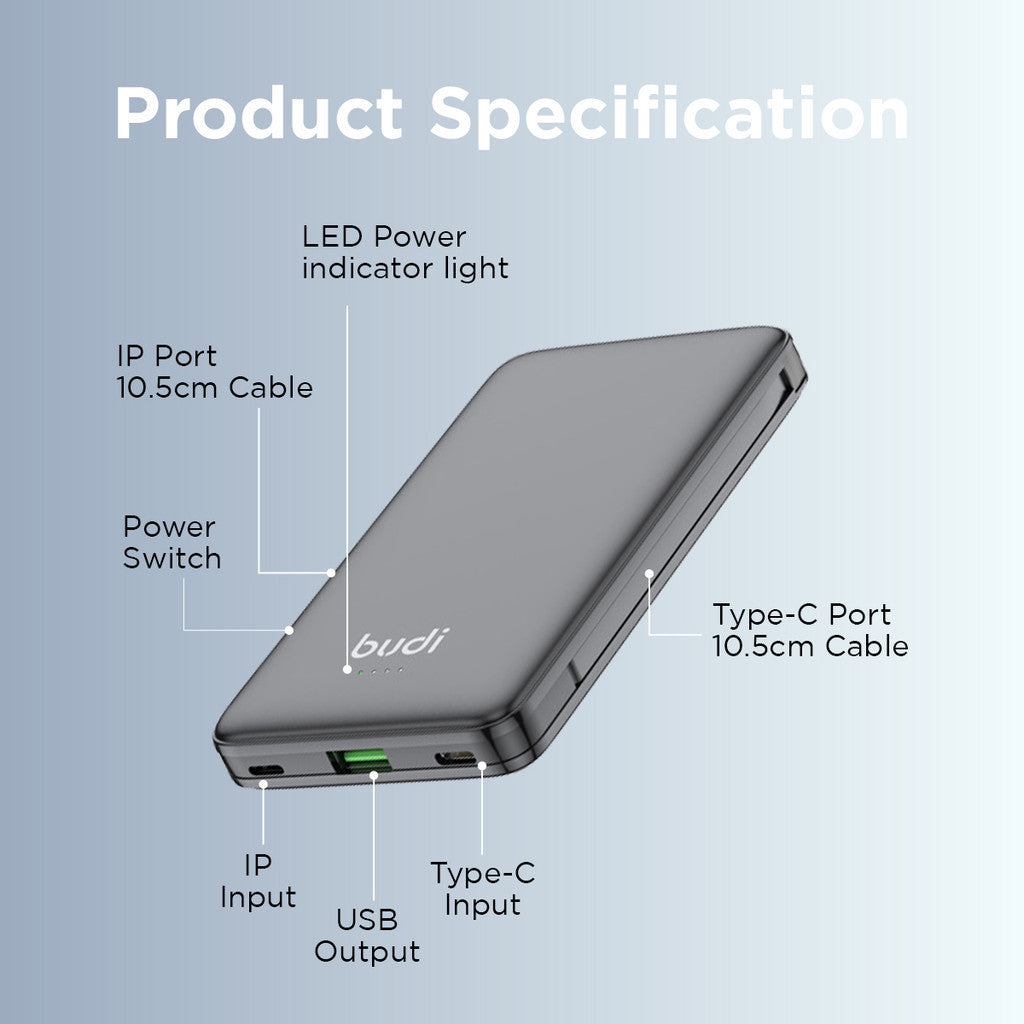 Budi Portable Power Bank 10000mAh, Portable Charger Power Bank with 3 USB Ports (Type-C, Micro, Lightning) & Built-In Dual Cables Lightning & Type-C, PD Fast Charging USB Power Bank with LED Power Indicator for iPhone/ Smartphone/Laptop