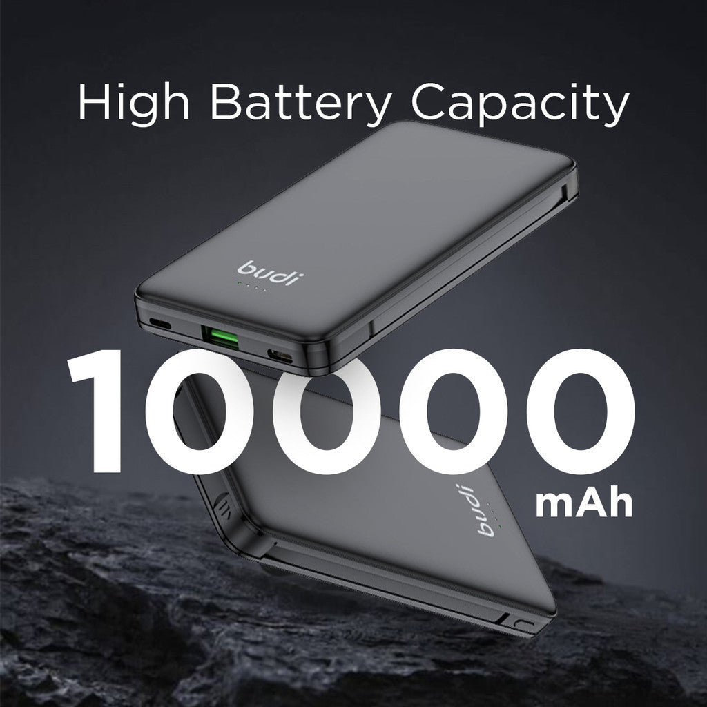 Budi Portable Power Bank 10000mAh, Portable Charger Power Bank with 3 USB Ports (Type-C, Micro, Lightning) & Built-In Dual Cables Lightning & Type-C, PD Fast Charging USB Power Bank with LED Power Indicator for iPhone/ Smartphone/Laptop