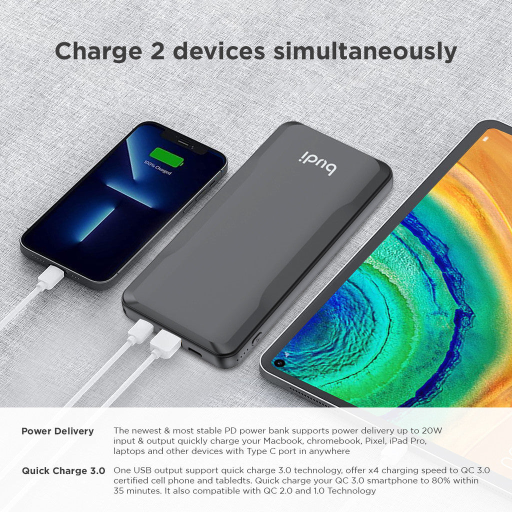 Budi Tragbare Powerbank 10000 mAh, tragbare Lade-Powerbank mit 3 USB-Anschlüssen (Lightning, Typ C, USB A) und PD-Typ-C-Kabel, PD-Schnelllade-Powerbank mit faltbarer Multifunktionsbox, Ständer, Schlüssel und LED-Ladeanzeige für iPhone/Smartphone