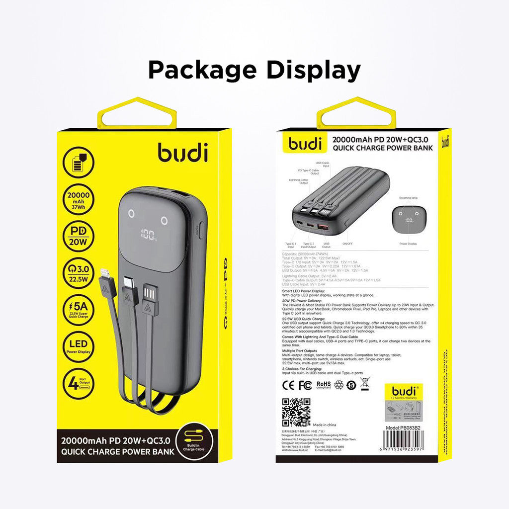 Budi Tragbare Powerbank 10000 mAh/20000 mAh, tragbare Lade-Powerbank mit 3 integrierten Kabeln (PD Typ-C, Lightning, USB), PD-Schnelllade-Powerbank mit USB-/Dual-Typ-C-Anschlüssen und LED-Ladestandsanzeige für Smartphone/iPhone