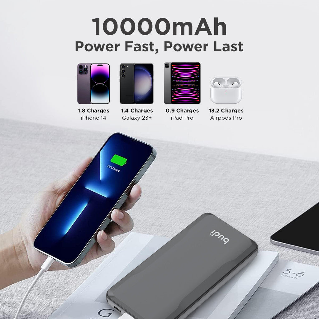 Budi Tragbare Powerbank 10000 mAh, tragbare Lade-Powerbank mit 3 USB-Anschlüssen (Lightning, Typ C, USB A) und PD-Typ-C-Kabel, PD-Schnelllade-Powerbank mit faltbarer Multifunktionsbox, Ständer, Schlüssel und LED-Ladeanzeige für iPhone/Smartphone