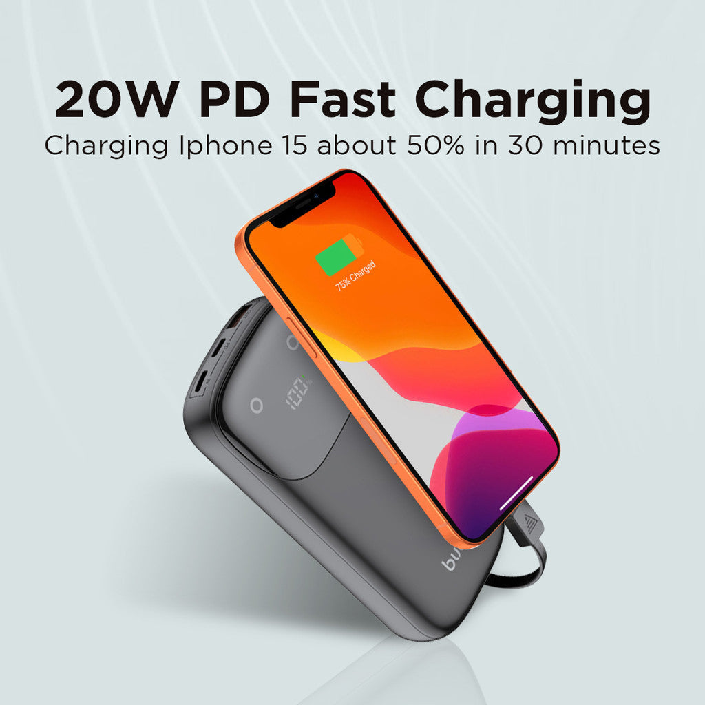 Budi Tragbare Powerbank 10000 mAh/20000 mAh, tragbare Lade-Powerbank mit 3 integrierten Kabeln (PD Typ-C, Lightning, USB), PD-Schnelllade-Powerbank mit USB-/Dual-Typ-C-Anschlüssen und LED-Ladestandsanzeige für Smartphone/iPhone