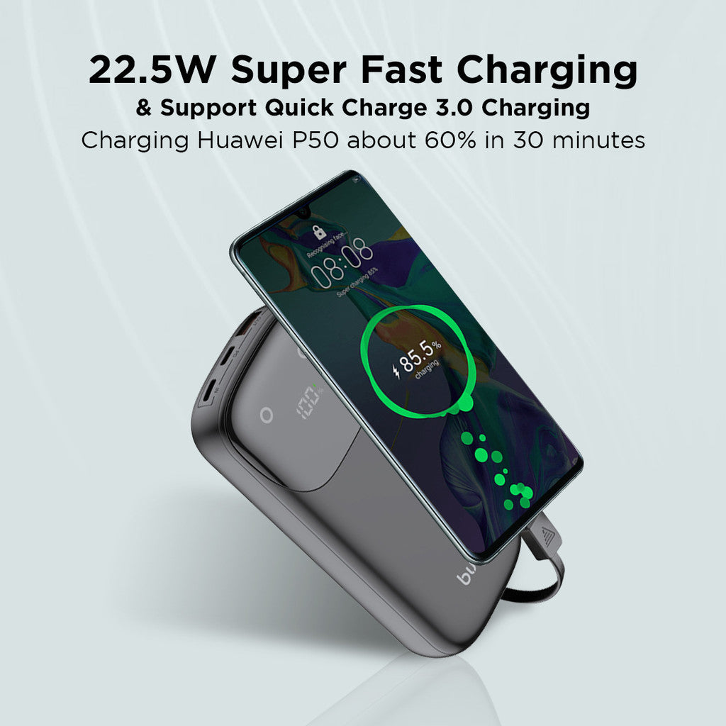 Budi Tragbare Powerbank 10000 mAh/20000 mAh, tragbare Lade-Powerbank mit 3 integrierten Kabeln (PD Typ-C, Lightning, USB), PD-Schnelllade-Powerbank mit USB-/Dual-Typ-C-Anschlüssen und LED-Ladestandsanzeige für Smartphone/iPhone