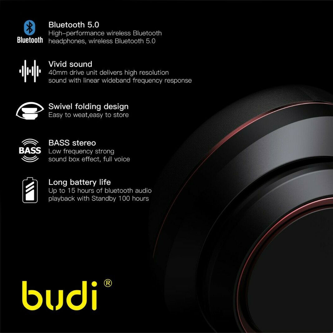 Budi Smart True Wireless Bluetooth Heavy-Bass Stereo Foldable Over-Ear Headset