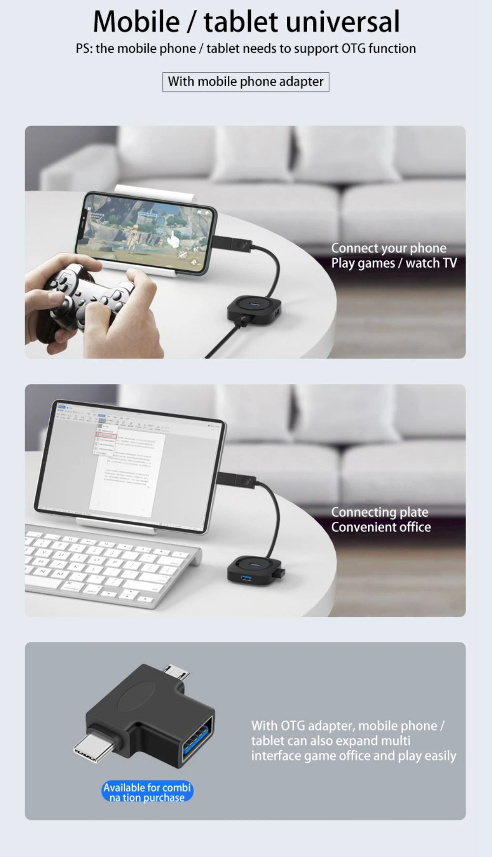 PhoneBits 4 in 1 USB A-hub, USB A-hub met meerdere poorten, USB A-hub Multipoort-adapter, USB A-hub