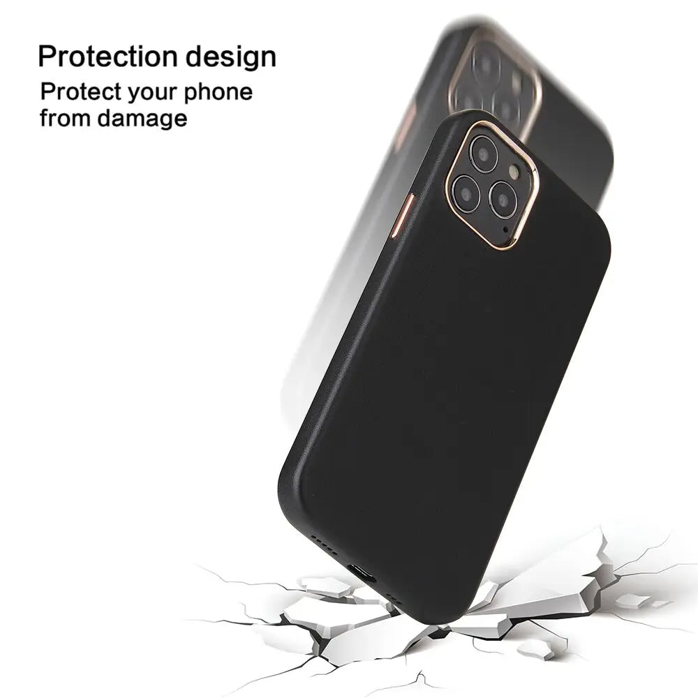 PhoneBits Luxury Slim PU Leather Magnetic Case for iPhone with Chromed Camera Edge, Protective Shockproof iPhone Case Compatible with iPhone, Magnetic Wireless Charging Mobile Phone Leather Case, Back iPhone Case Cover