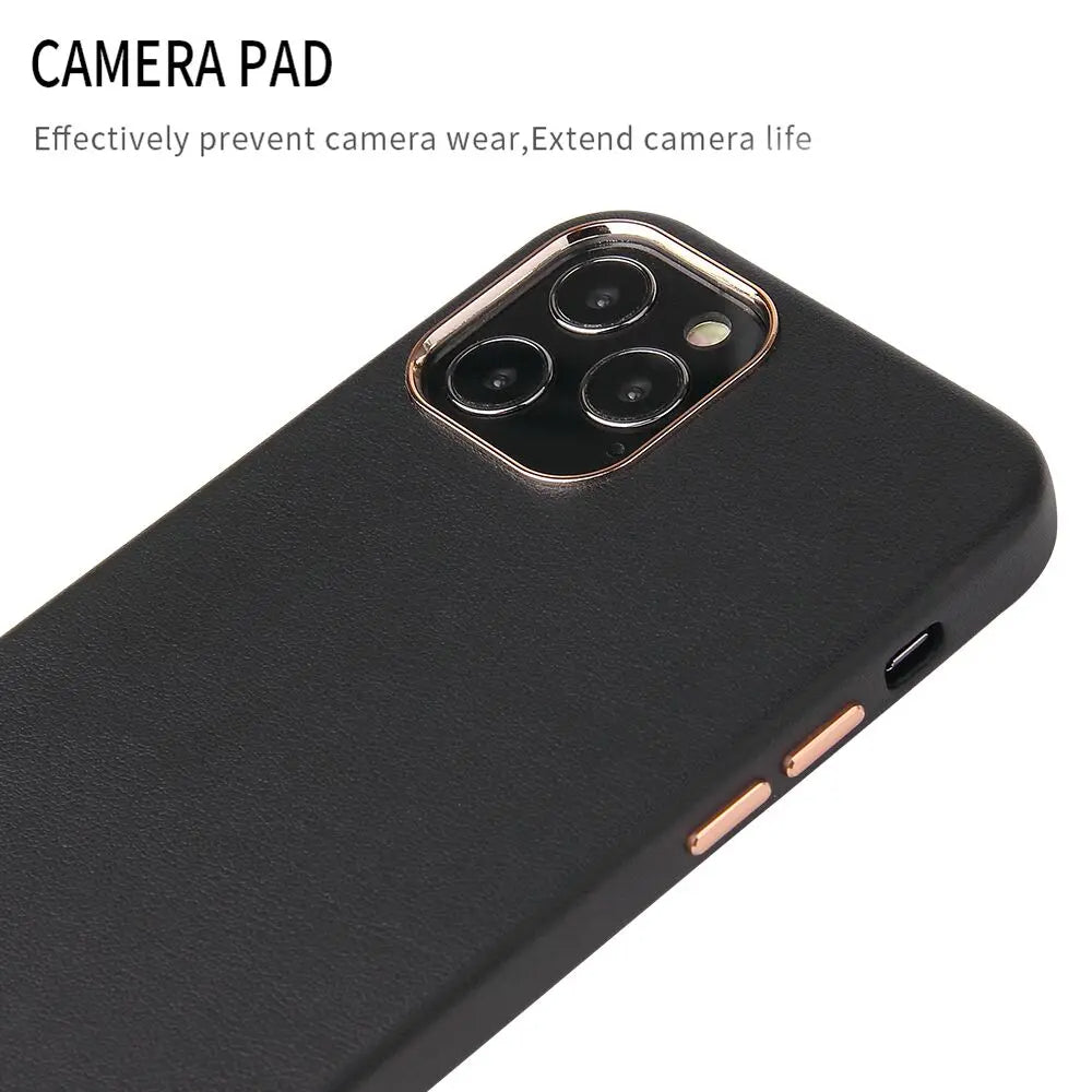 PhoneBits Luxury Slim PU Leather Magnetic Case for iPhone with Chromed Camera Edge, Protective Shockproof iPhone Case Compatible with iPhone, Magnetic Wireless Charging Mobile Phone Leather Case, Back iPhone Case Cover