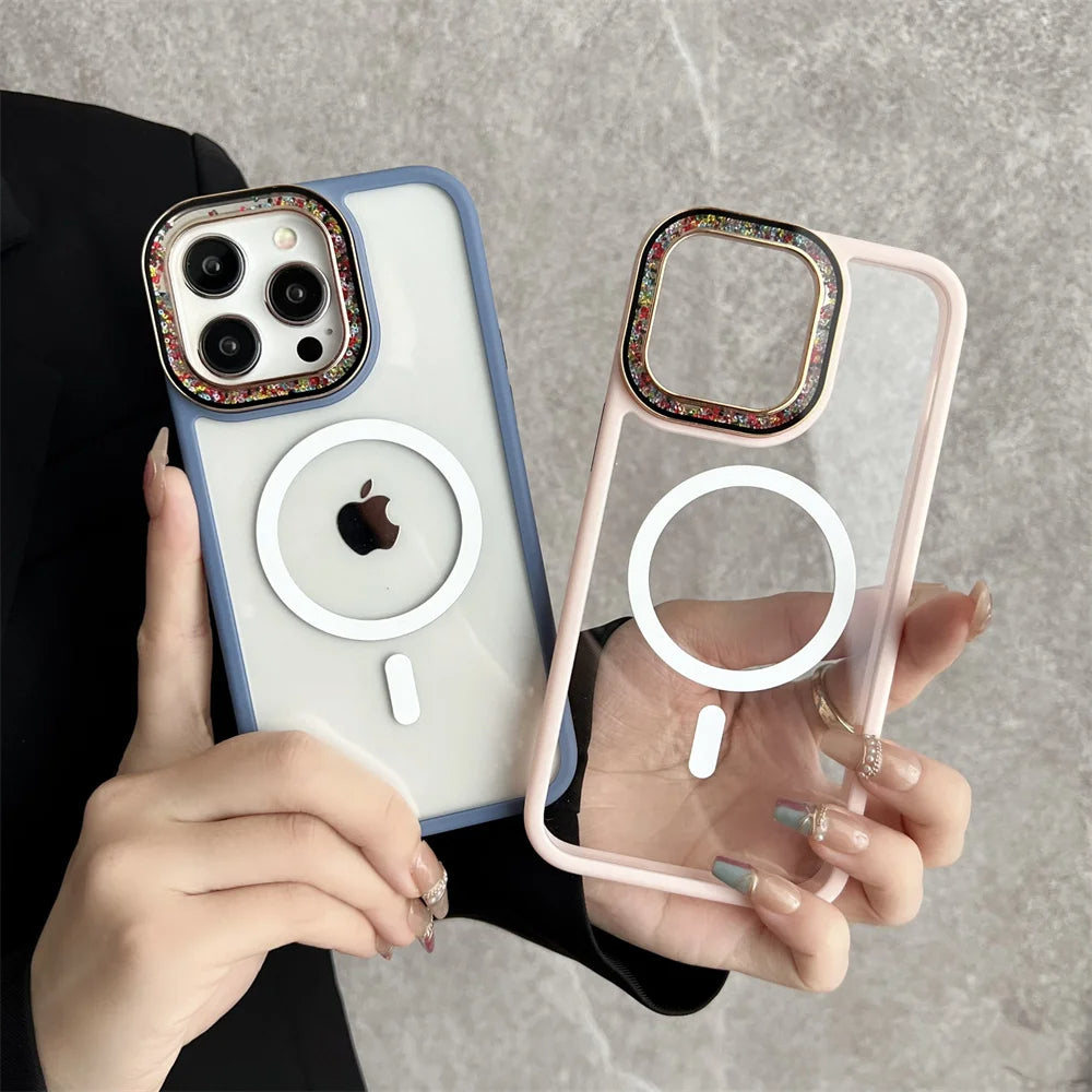 Luxury Fashion Transparent MagSafe Case with Colored Beads Lens Frame for iPhone