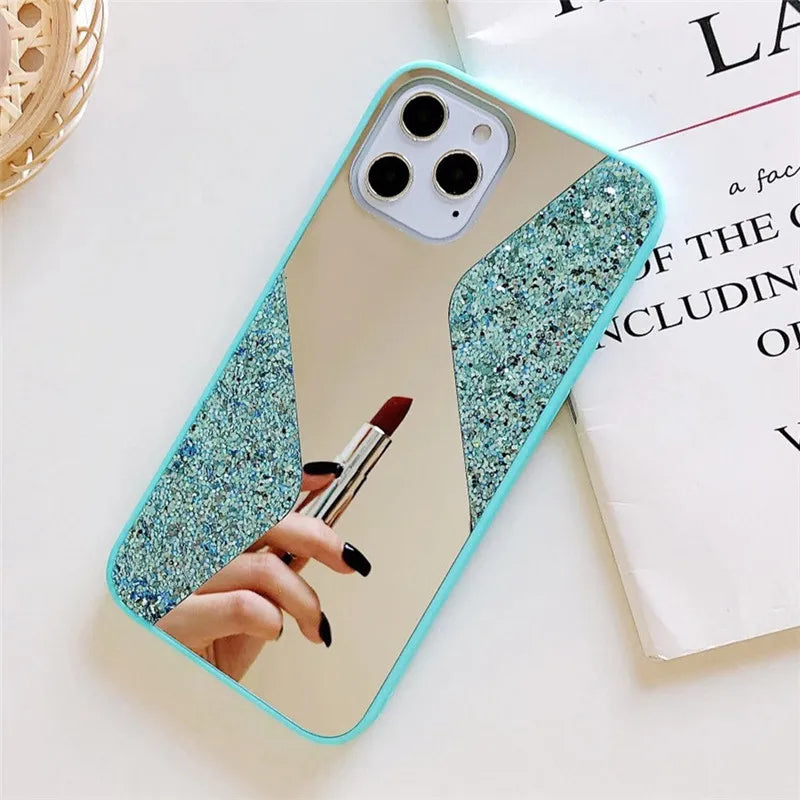 PhoneBits Luxury Bling Shining Diamond Case for iPhone with Beauty Mirror and Camera Lens Protection, Soft Silicone Shockproof iPhone Daimond Bling Case, Ultra Protective Mobile Phone Case Compatible with iPhone, Back iPhone Case Cover