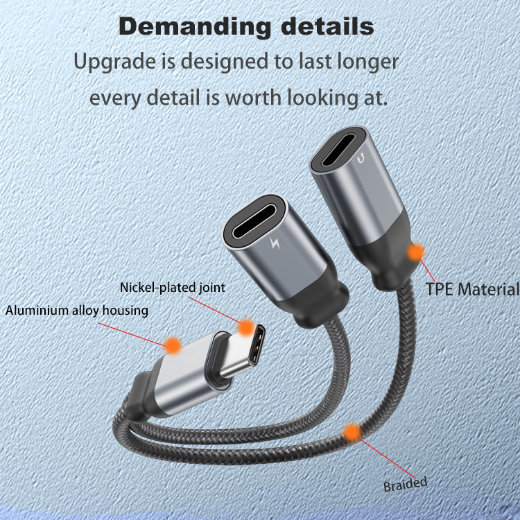 PhoneBits 2 In 1 Type C Splitter with Audio & Phone Charge Adapter, Fast Phone Charging USB C Cable with Dual Female Type C Music & Charge Adapter, USB C Connector/ Cable for Smartphone with USB C Headphone & Charging Ports