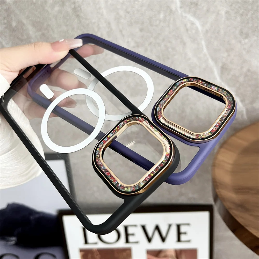 Luxury Fashion Transparent MagSafe Case with Colored Beads Lens Frame for iPhone