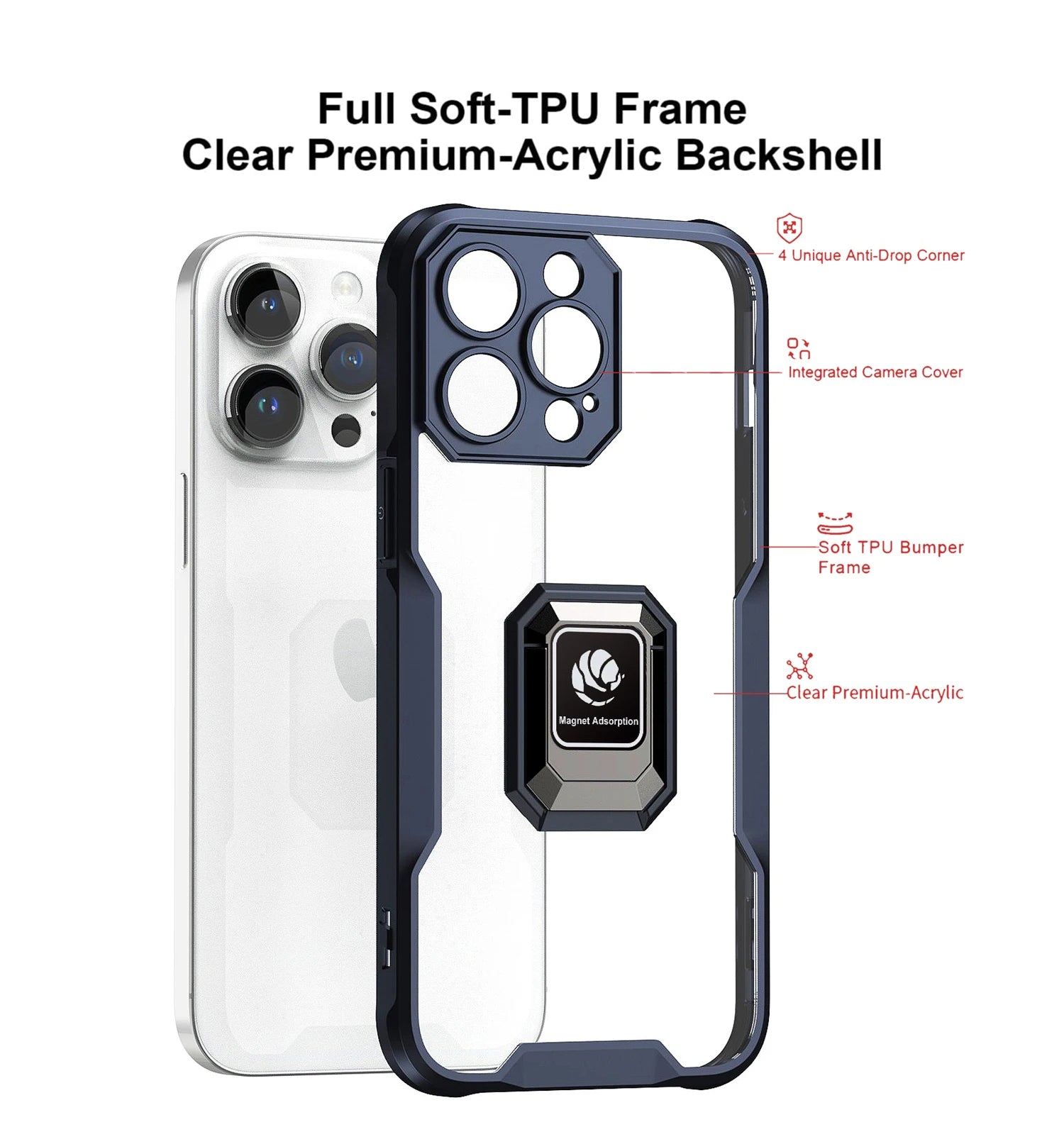 PhoneBits Ultra-Protective Transparent Magnetic iPhone Case with Holder & Camera Lens Protection, Shockproof Crystal-Clear iPhone Ring Holder Case Compatible with Magnetic Car Mount, Mobile Phone Case with Stand, Back iPhone Holder Clear Case Cover