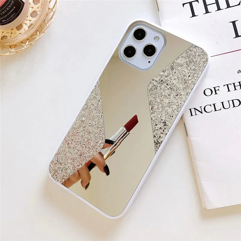 PhoneBits Luxury Bling Shining Diamond Case for iPhone with Beauty Mirror and Camera Lens Protection, Soft Silicone Shockproof iPhone Daimond Bling Case, Ultra Protective Mobile Phone Case Compatible with iPhone, Back iPhone Case Cover