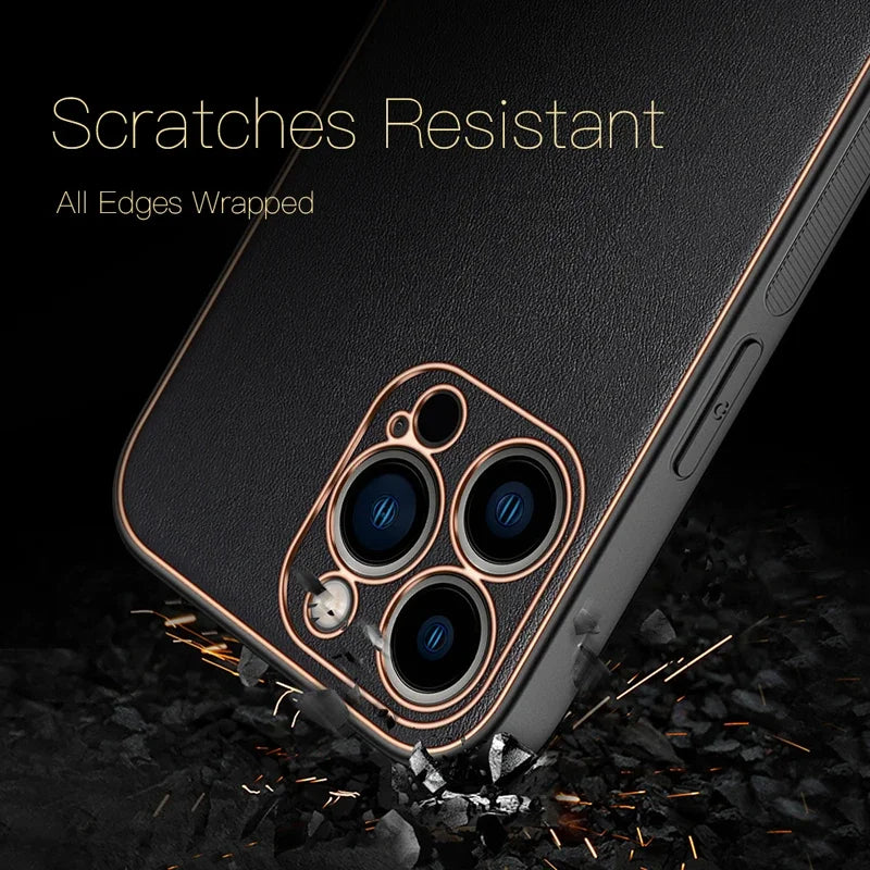 PhoneBits Luxury Slim PU Leather Magnetic Case for iPhone with Camera Lens Protection & Gold Electroplated Edges, Protective Shockproof iPhone Case Compatible with iPhone, Magnetic Wireless Charging Mobile Phone Leather Case, Back iPhone Case Cover