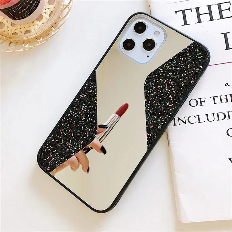 PhoneBits Luxury Bling Shining Diamond Case for iPhone with Beauty Mirror and Camera Lens Protection, Soft Silicone Shockproof iPhone Daimond Bling Case, Ultra Protective Mobile Phone Case Compatible with iPhone, Back iPhone Case Cover