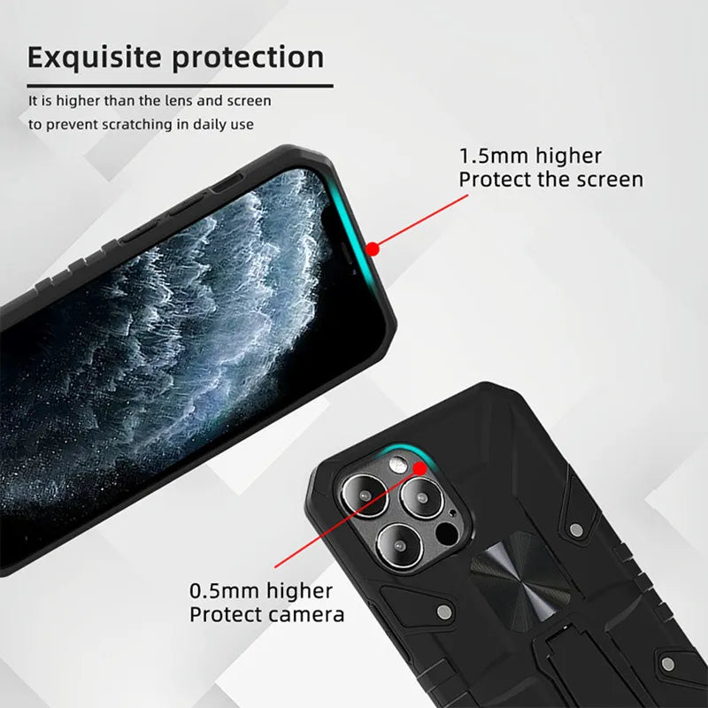 PhoneBits Ultra Protective Hybrid Magnetic iPhone Case with Holder & Chromed Camera Edge, Shockproof iPhone Holder Case Compatible with iPhone Magnetic Car Mount, Magnetic Mobile Phone Case for iPhone with Foldable Stand, Back iPhone Holder Case Cover