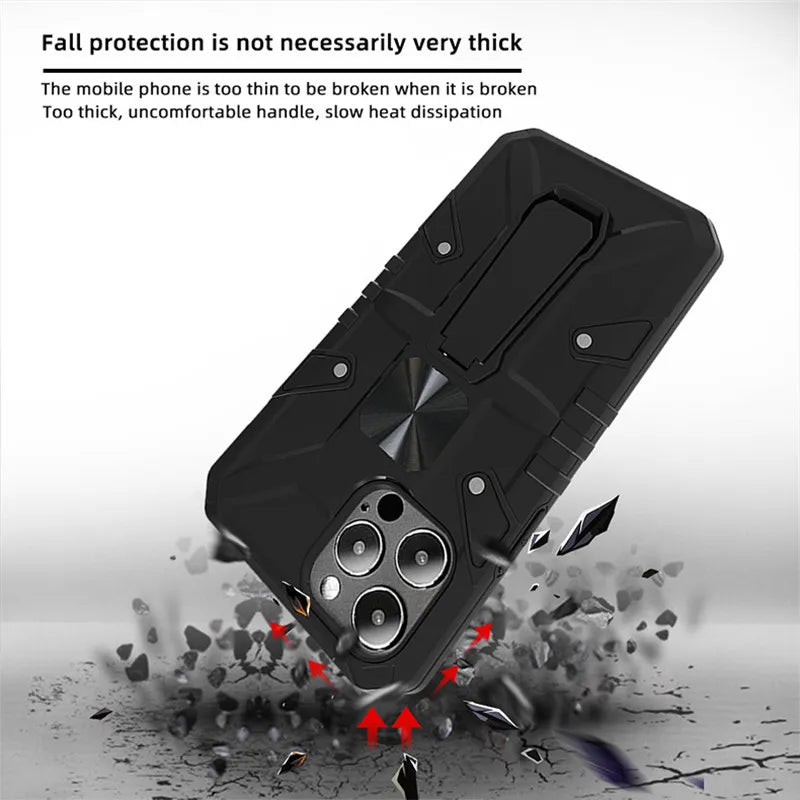 PhoneBits Ultra Protective Hybrid Magnetic iPhone Case with Holder & Chromed Camera Edge, Shockproof iPhone Holder Case Compatible with iPhone Magnetic Car Mount, Magnetic Mobile Phone Case for iPhone with Foldable Stand, Back iPhone Holder Case Cover