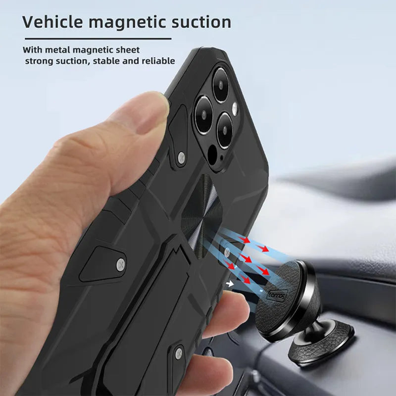 PhoneBits Ultra Protective Hybrid Magnetic iPhone Case with Holder & Chromed Camera Edge, Shockproof iPhone Holder Case Compatible with iPhone Magnetic Car Mount, Magnetic Mobile Phone Case for iPhone with Foldable Stand, Back iPhone Holder Case Cover