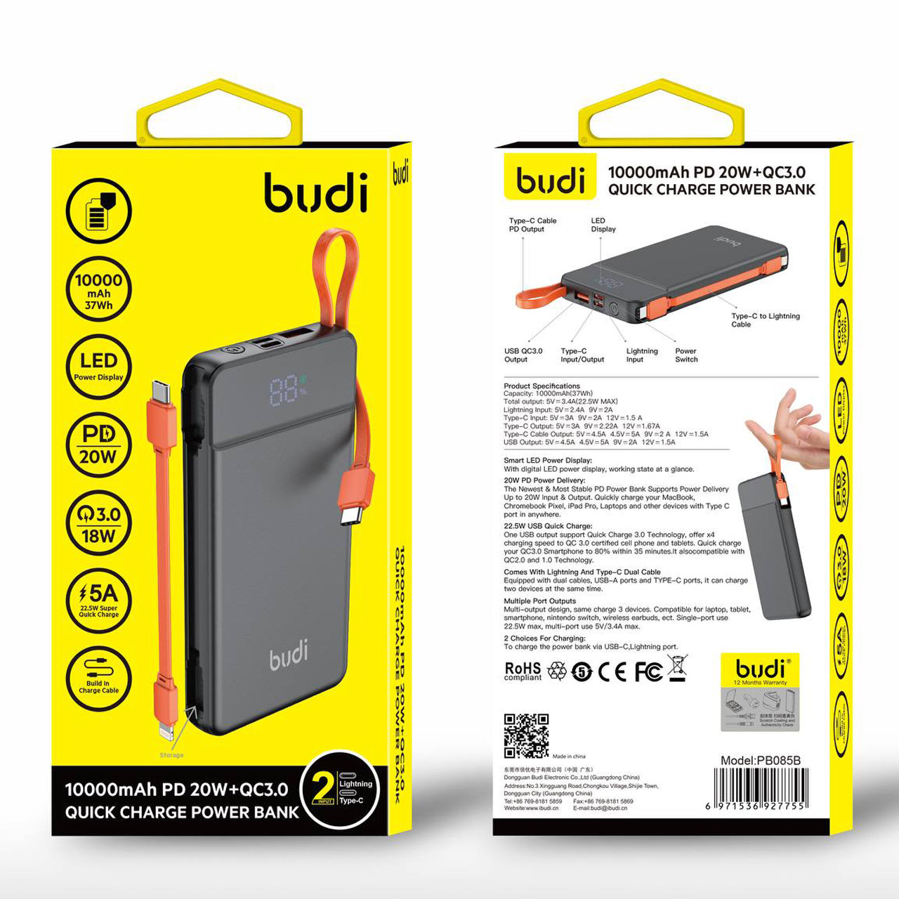 Budi Portable Power Bank 10000mAh, Portable Charger Power Bank with Built In PD Type C Cable & 3 USB Ports (Type C, USB A, Lightning), Fast Charging Power Bank with LED Power Indicator, Power Switch & PD Type C to Lightning Cable for iPhone/ Smartphones