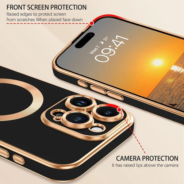 PhoneBits Luxury Soft TPU MagSafe iPhone Case with Golden Electroplating Edges, Buttons & Camera Lens Protection, Protective Shockproof iPhone Case Compatible with iPhone Wireless Charging, Magnetic Mobile Phone Case for iPhone, iPhone Back Case Cover