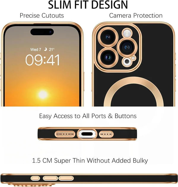 PhoneBits Luxury Soft TPU MagSafe iPhone Case with Golden Electroplating Edges, Buttons & Camera Lens Protection, Protective Shockproof iPhone Case Compatible with iPhone Wireless Charging, Magnetic Mobile Phone Case for iPhone, iPhone Back Case Cover