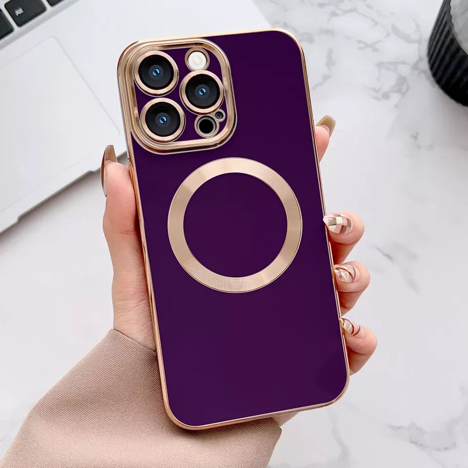 PhoneBits Luxury Soft Silicone MagSafe iPhone Case with Metallic Gold Electroplating Camera Lens & Screen Frame, Protective Shockproof iPhone Case Compatible with iPhone Wireless Chargers, Magnetic Mobile Phone Case for iPhone, iPhone Back Case Cover