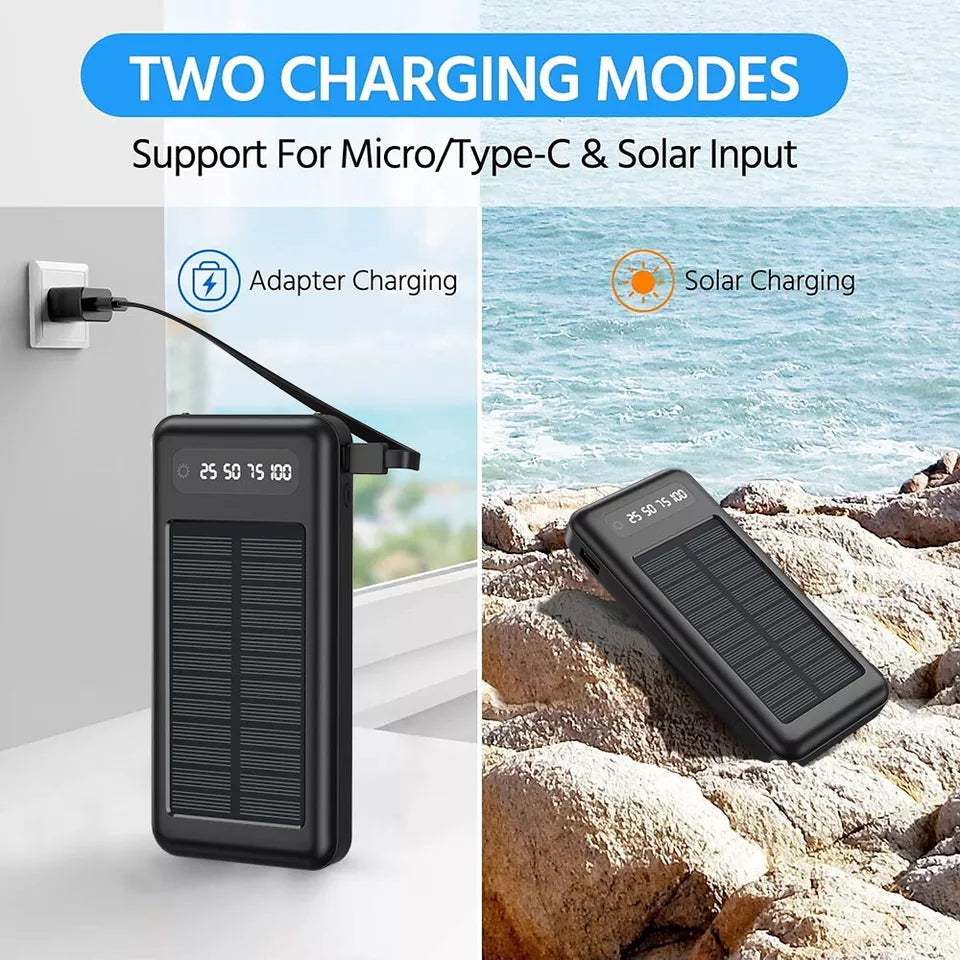 PhoneBits Portable Power Bank 20000mAh, Portable Charger Power Bank with USB-A Port & 4 Detachable Cables (Lightning, Type-C, Micro USB & USB), Fast Charging Power Bank with Dual LED Lights, Digital Power Display, Strap & Solar Panel for Smartphone/iPhone