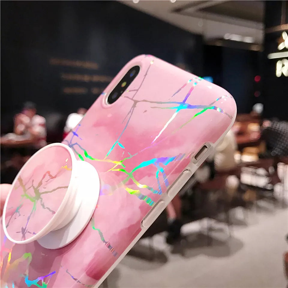 PhoneBits Ultra-Slim Marble Design Soft Silicone iPhone Case with POP Grip Stand Holder & Camera Lens Protection, TPU Protective Shockproof Phone Case Compatible with iPhone, Mobile Phone Soft Case for iPhone, Back iPhone Case Cover