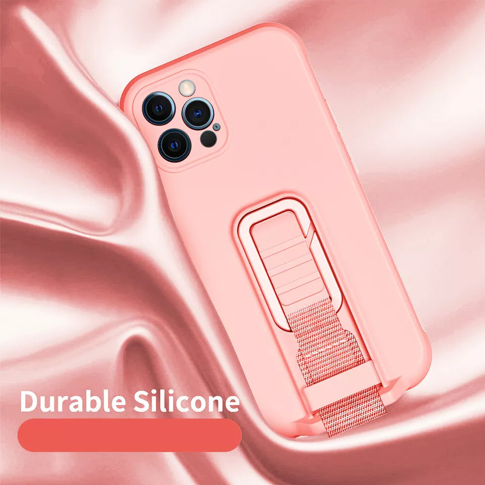 PhoneBits Ultra Protective Slim Silicone iPhone Case with Hang Clip Nylon Strap Holder & Camera Lens Protection, Shockproof iPhone Holder Case Compatible with iPhone, Mobile Phone Case with Stand & Strap, Back Holder Cover Case for iPhone