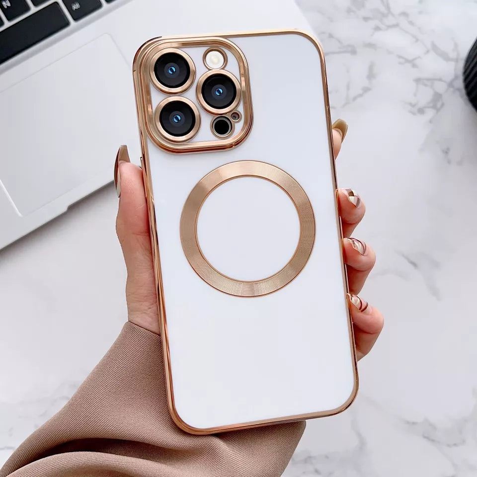 PhoneBits Luxury Soft Silicone MagSafe iPhone Case with Metallic Gold Electroplating Camera Lens & Screen Frame, Protective Shockproof iPhone Case Compatible with iPhone Wireless Chargers, Magnetic Mobile Phone Case for iPhone, iPhone Back Case Cover