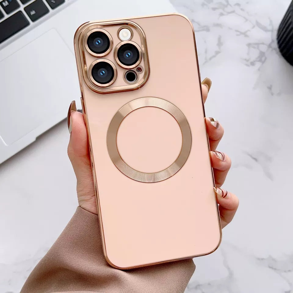 PhoneBits Luxury Soft Silicone MagSafe iPhone Case with Metallic Gold Electroplating Camera Lens & Screen Frame, Protective Shockproof iPhone Case Compatible with iPhone Wireless Chargers, Magnetic Mobile Phone Case for iPhone, iPhone Back Case Cover